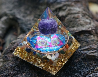 Amethyst Sphere Orgonite Pyramid: Copper & Gold Foil Resin