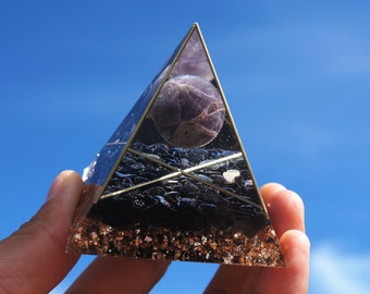 Amethyst Sphere With Obsidian Crystal Pyramid, Reiki Healing Chakra Orgone Pyramid