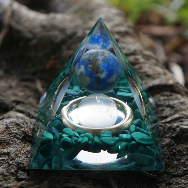 Lapis Lazuli crystal Sphere And Rose Quartz Sphere Orgone Pyramid With Malachite, Copper Ring Chakra Reiki Healing Meditation Orgonite