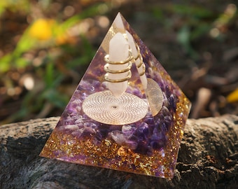 Rose Quartz Orgonite Pyramid | Amethyst & Gold Foil, Meditation Tool