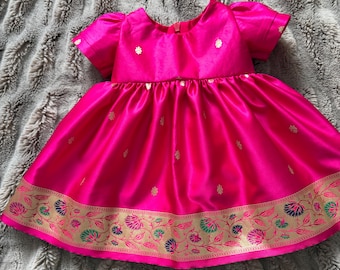 Satin puff sleeve dress with regal border-Infant frock-Pattu Pavadi-Eid-Diwali-Peacock frock