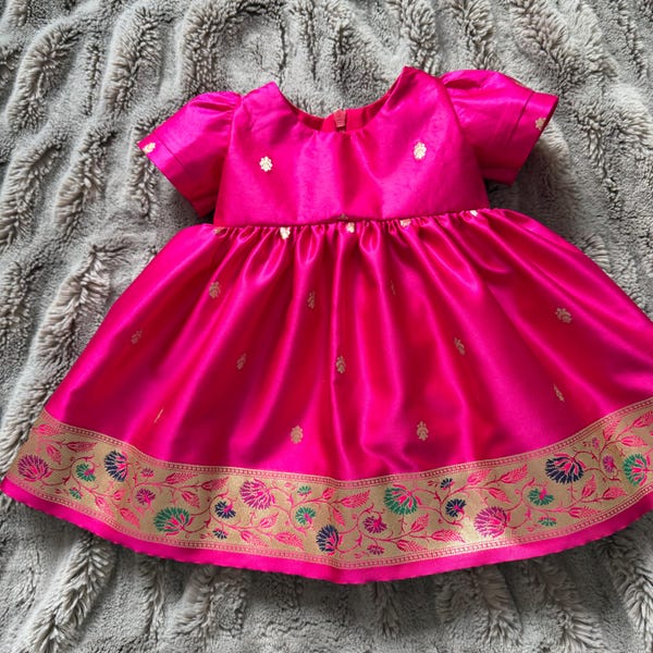 Satin puff sleeve dress with regal border-Infant frock-Pattu Pavadi-Eid-Diwali-Peacock frock