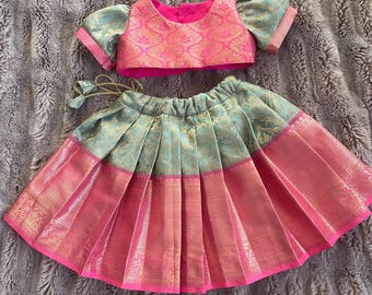 Reine Seide Lila und Aqua Lehenga Choli für Mädchen und Babys-Mädchen traditionelle indische Kleidung-Baby-Mädchen Kittel-Pattu Pavadi-Mädchen Anarkali