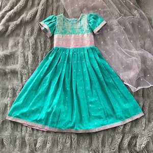 Ready to Ship-Size 2-3 years-Pure silk satin sea green and pink anarkali gown-Girls traditional wear-Girls Pattu