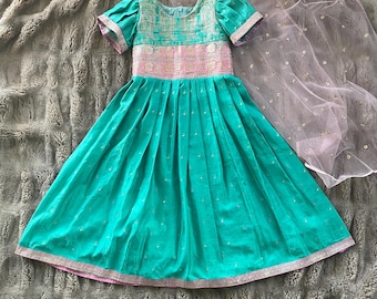 Ready to Ship-Size 2-3 years-Pure silk satin sea green and pink anarkali gown-Girls traditional wear-Girls Pattu