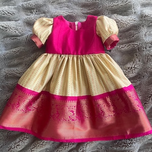 Pink and cream infant gown-girls traditional Indian wear-baby girl frock-pattu pavadi-girls anarkali