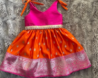 Pink and orange gown for babies, toddlers and girls-Kids ethnic wear-Girls traditional wear-Diwali-Eid