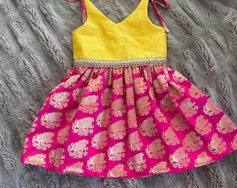 Infant gown-Pink and yellow Elephant dress for babies-Ethnic gown-Eid dress