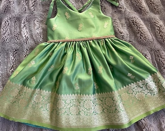 Green and gold shoulder tie  dress-Infant frock-Pattu Pavadi-Eid-Diwali-Peacock frock