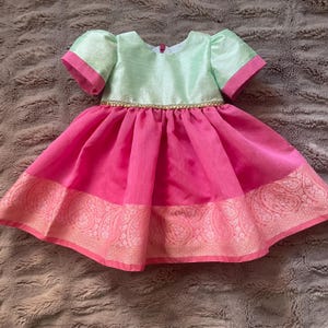 Pink and sea green infant dress-EID outfit-Diwali frock-Traditional wear-Pattu Pavadi-Baby girl Indian wear-Anarkali Dress