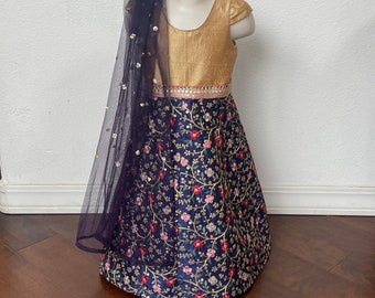 Embroidered Anarkali Gown: Gold Bodice, Navy Floral Skirt, Kids Ethnic Wear