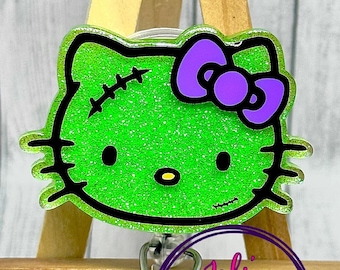 Cute Frankenstein Kitty with Bow Halloween Nurse and Teacher Badge Reel- Jaki's Handmade Creations
