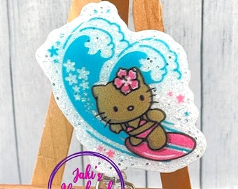 Surfer Girl Tan Kitty Badge Reel: Sparkly Summer Interchangeable Faceplate