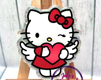 Winking Kitty Badge Reel - Wings & Bow, Handmade Acrylic Faceplate