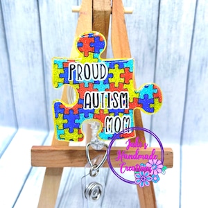 Proud Autism Mom- April Autism Awareness- Puzzle Piece Faceplate or Interchangeable Badge Reels and Lanyards - Jaki&#39;s Handmade Creations