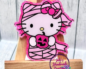 Cute Halloween Mummy Kitty w Bow Glitter Holiday Seasonal Faceplate or Interchangeable Badge Reels and Lanyards - Jaki's Handmade Creations