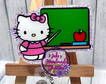 Teacher Kitty Glitter Badge Reel, Interchangeable Charm