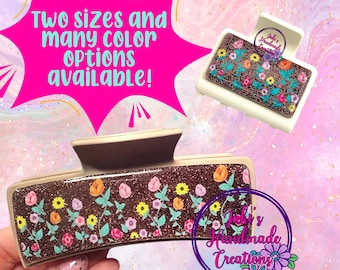Surprise Song Piano Flowers Inspired - Trendy Glitter Covered Claw Clip - Brown Glitter Multi Colored Wildflower - Jaki&#39;s Handmade Creations