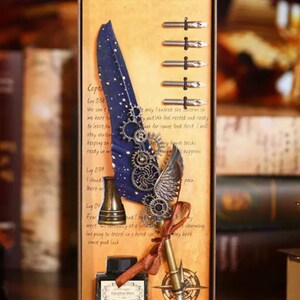 Vintage Feather Pen Wizard Feather Pen Retro Feather Pen Set with Ink Feather Pen Giftset with 5 Nibs, Ink and Stand Magic Writing Quill