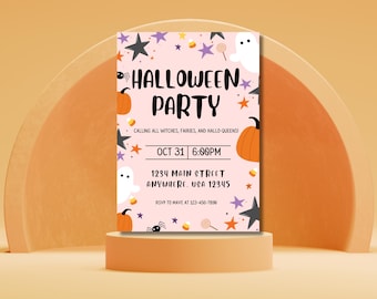 May include: Pink Halloween party invitation featuring a ghost, pumpkins, stars, and candy corn. The text reads "Halloween Party" and includes the date, time, address, and RSVP information.