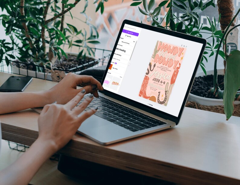 May include: A laptop computer displaying a digital invitation with a pink, orange, and brown color scheme. The invitation features the text "Howdy Y'all" and "Jessica" with a horseshoe and cactus design.