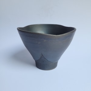 Black Raku bowl, small, flower shape, uneven rim, black pottery smoke bowl
