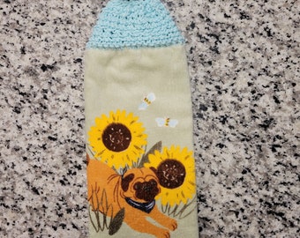 Pug in Sunflower Knitted Hanging Dish Towel