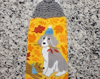 Leaves and Dogs Knitted Hanging Dish Towel