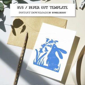 Lapin de Pâques Svg, Smell the Bluebells, Rabbit Svg, Bunny Silhouette Clipart, Rabbit Bluebells, Spring Flowers Papercut Template