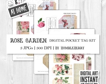 Rosengarten Printable Taschenanhänger und Ephemera Junk Journal Kit, Shabby Rose & Butterfly, Master Board Collage Digi Paper Pack, Scrap Book