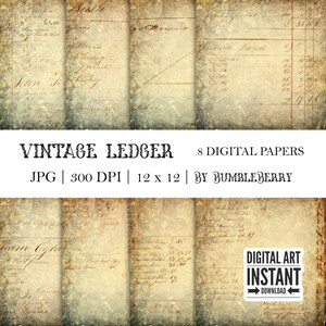 Vintage Ledger, Vintage achtergrondpapieren, 12 x 12 paper pack, 8 afdrukbare collage vellen, scrapbooking crafting hobby, digitale download