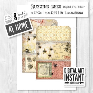 May include: Two digital printable scrapbook paper designs featuring a vintage bee theme. The papers feature a yellow and brown honeycomb pattern, bees, and flowers. The text "BUZZING BEES Digital Tri - folder 2 JPGs | 300 DPI | BY BUMBLEBERRY" is at the top of the image.