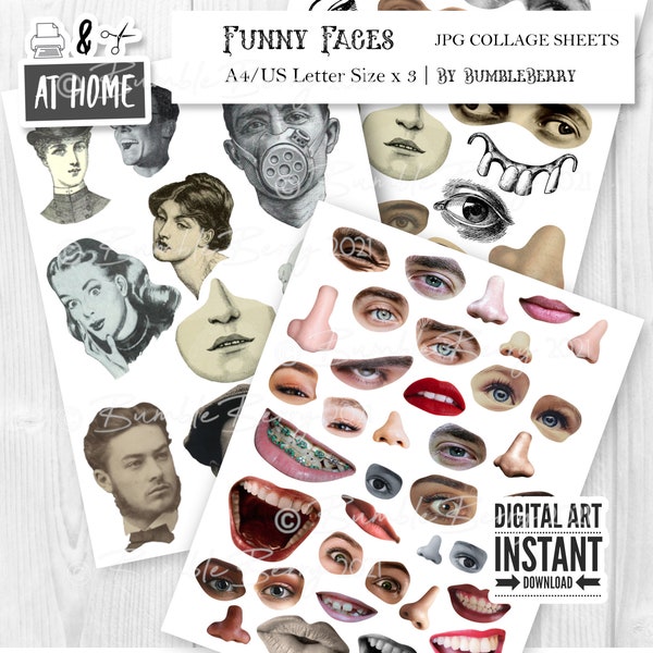 Funny Faces, Paper Doll Ephemera Jpg, Collage Sheets, Vintage Photos, Lips, Nose, Mouth, Faces PNG,, Altered Art Dolls, Clipart Scrapbook