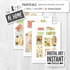 Printable Junk Journal Kit, Stuffed Tag Pocket Inserts and Ephemera - Bumble Bees