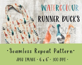 May include: Watercolor seamless repeat pattern featuring runner ducks. The pattern is on a white background with a tote bag in the image. The text "WATERCOLOUR RUNNER DUCKS" is at the top of the image. The text "Seamless Repeat Pattern" and "JPEG IMAGE 6 x 6" 300 DPI" is at the bottom of the image.