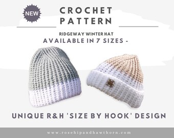 May include: Crochet pattern for a Ridgeway winter hat, available in 7 sizes. The pattern features a unique 'size by hook' design. The image shows two hats, one in grey and white, and the other in beige and white.