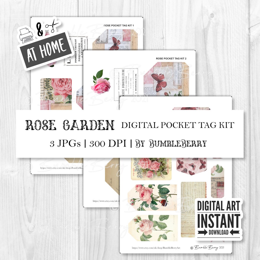 Rose Garden Printable Pocket Tags and Ephemera Junk Journal Kit, Shabby ...