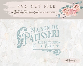 Peut inclure: Un logo bleu et blanc pour une boulangerie appelée "Maison de Patisserie" avec le texte "Rue de Tournon Paris Est. 1894".