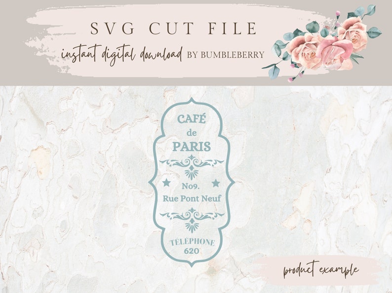 May include: A blue and white vintage-style logo for a Parisian cafe called "Cafe de Paris" with the address "No9. Rue Pont Neuf" and the phone number "620".