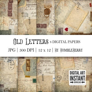 Old Letters Junk Journal Background Papers, 12 x 12 Mail Paper Pack, 8 hojas de collage imprimibles Scrapbooking Crafting Hobby Descarga digital