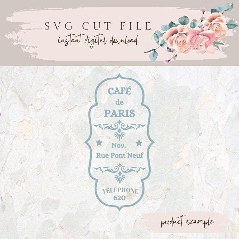 May include: A blue and white vintage-style cafe sign with the text "CAF&Eacute; de PARIS No9. Rue Pont Neuf T&Eacute;L&Eacute;PHONE 620". The sign is on a light blue and white woodgrain background.