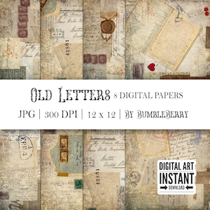 Vecchie lettere, carte di sfondo vintage, confezione di carta 12 x 12, 8 fogli di collage stampabili, scrapbooking crafting hobby, download digitale