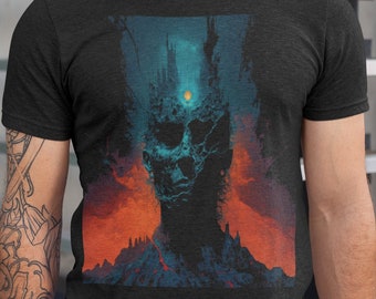 Donker surrealistisch T-shirt, donker psychedelisch portretshirt, surrealistisch dystopisch T-shirt