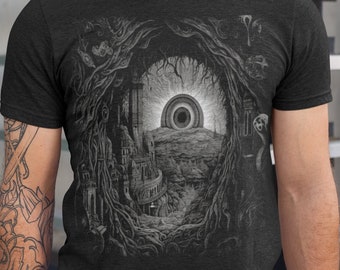 T-shirt dystopisch stad, shirt met psychedelische architectuur, donker surrealistisch T-shirt