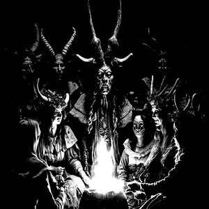 May include: A black and white image depicts a ritualistic scene. Figures with horned masks and elaborate costumes surround a bonfire. The central figure has long, curved horns and a detailed mask. The scene evokes a sense of mystery and the occult.