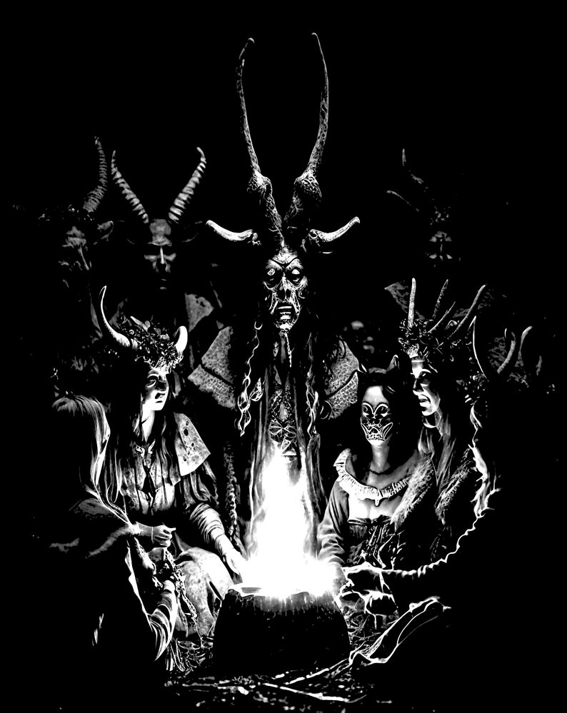 May include: A black and white image depicts a ritualistic scene. Figures with horned masks and elaborate costumes surround a bonfire. The central figure has long, curved horns and a detailed mask. The scene evokes a sense of mystery and the occult.