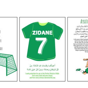 May include: A green soccer jersey with the name "ZIDANE" and the number "7" on the front. The jersey is surrounded by text in Arabic and English. The text in English reads "I seek protection for you in the Perfect Words of Allah from every devil and every beast and from every envious, blameworthy eye."