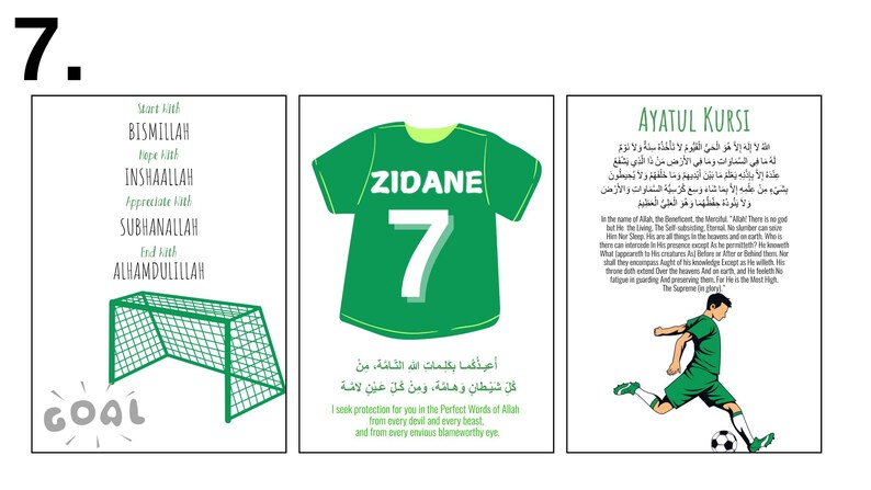 May include: A green soccer jersey with the name "ZIDANE" and the number "7" on the front. The jersey is surrounded by text in Arabic and English. The text in English reads "I seek protection for you in the Perfect Words of Allah from every devil and every beast and from every envious, blameworthy eye."