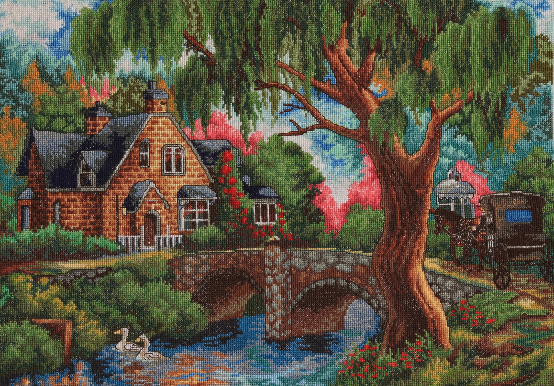 Handmade New Completed Cross Stitch House by the bridge | Etsy