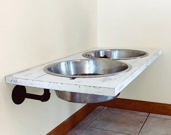 Rustic Farmhouse Pet Dog food and Water Bowl Stand Station